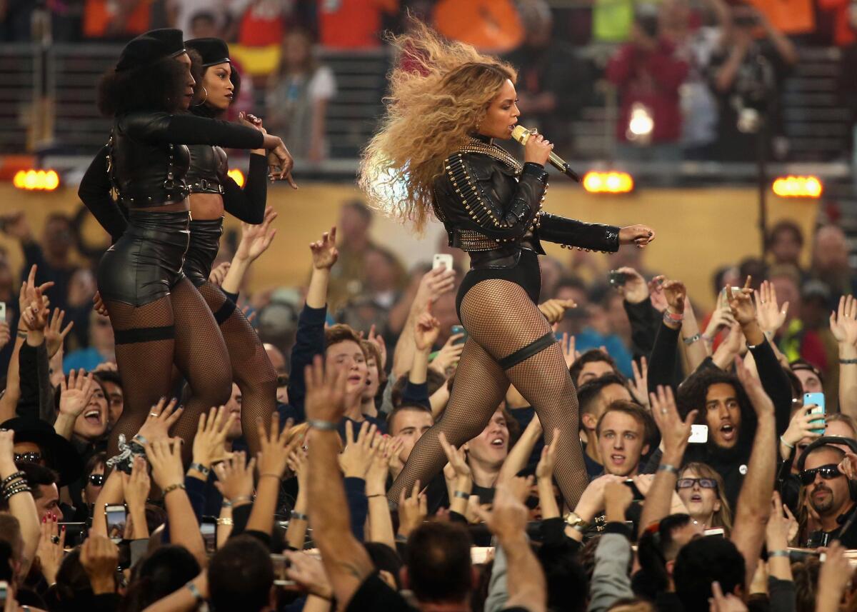 Beyoncé performing during the Super Bowl halftime show on Sunday.