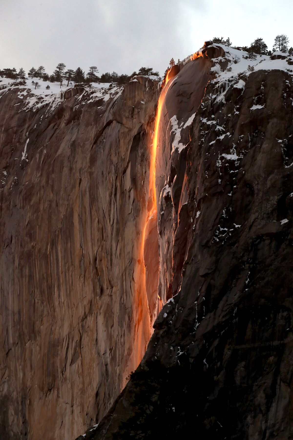 The "firefall" effects is caused by light from the setting sun on Yosemite's Horsetail Fall.