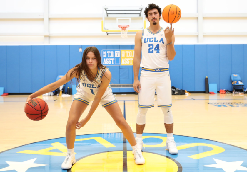 Incoming UCLA freshman Gabriela Jaquez and her brother, UCLA senior Jaime Jaquez Jr., pose in their Bruins uniforms.