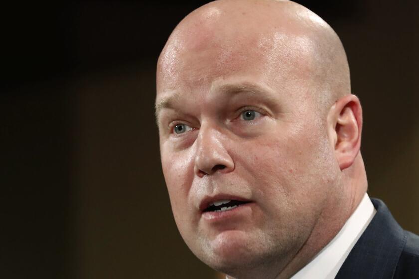 FILE - In this Jan. 28, 2019 file photo, Acting Attorney General Matt Whitaker announces an indictment on violations including bank and wire fraud at the Justice Department in Washington. House Judiciary Committee Chairman Jerrold Nadler says he will hold a vote Thursday to approve a subpoena for Acting Attorney General Matthew Whitaker just in case he doesnt show up for scheduled testimony a day later. Democrats have said they want to talk to Whitaker because he is a close ally of Trump who has criticized special counsel Robert Mueller's Russia investigation. Whitaker is currently overseeing that probe. (AP Photo/Jacquelyn Martin)