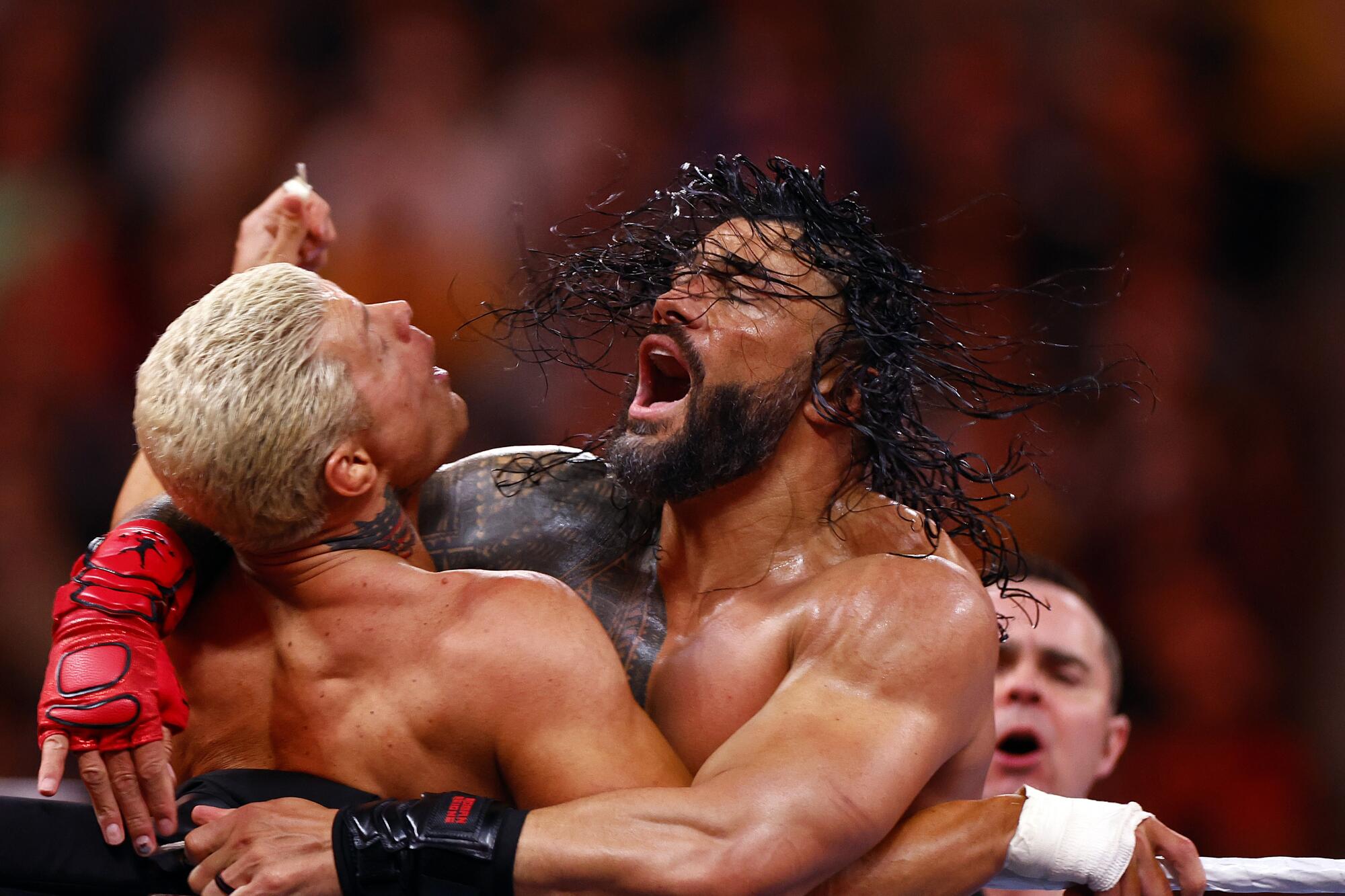 Cody Rhodes wrestles Roman Reigns for Undisputed WWE universal title at WrestleMania 39 at SoFi Stadium.