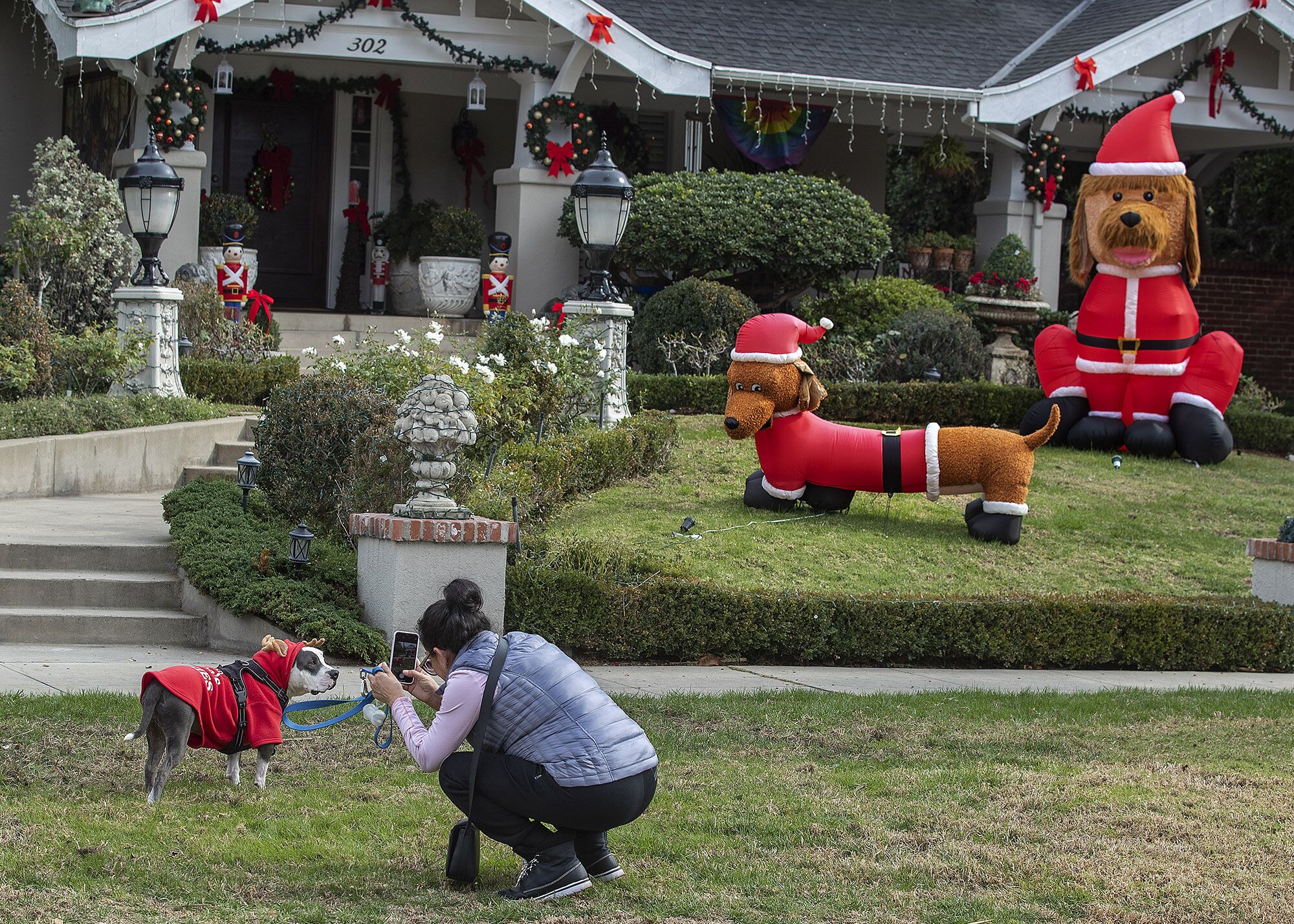 Nohemi Ortiz, 56, photographs her 5 year old pitbull, Snoopy, in front of a home with dog themed Christmas decorations 