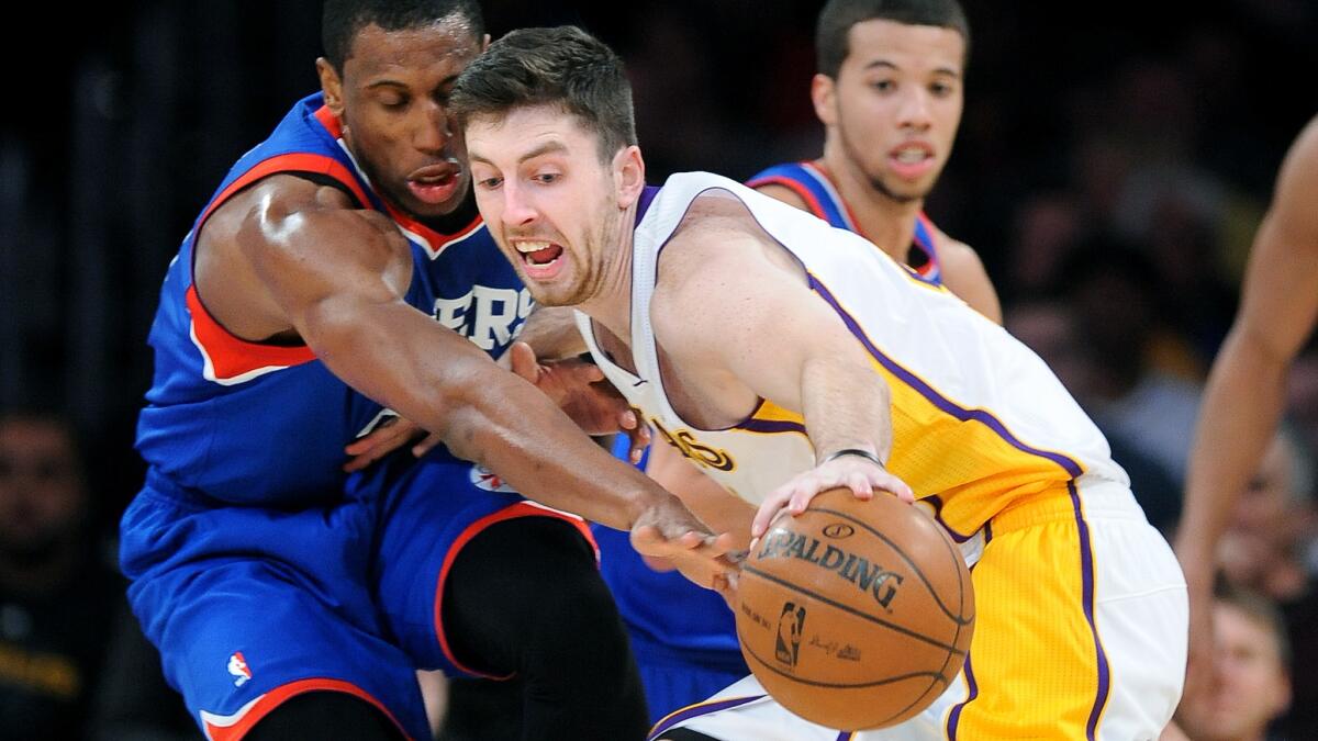 Lakers forward Ryan Kelly, right, is stripped of the ball by Thaddeus Young of the Philadelphia 76ers during a game in December. Kelly has been given a $1 million qualifying offer by the Lakers.