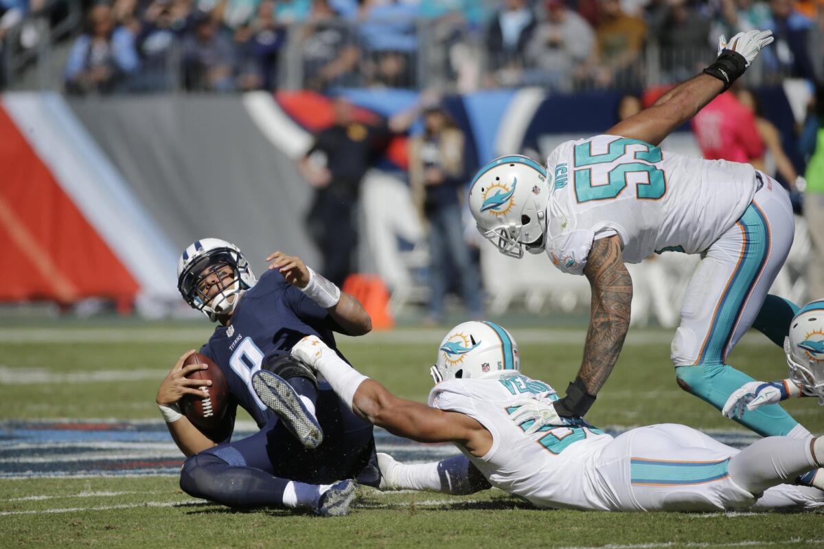 Tennessee Titans quarterback Marcus Mariota suffered an MCL strain in his left knee, when Miami Dolphins defensive end Olivier Vernon dove into his knee. Vernon received a $17,363 fine from the NFL for roughing the passer. He also received a $20,000 fine for hitting Mariota in the head on another play.