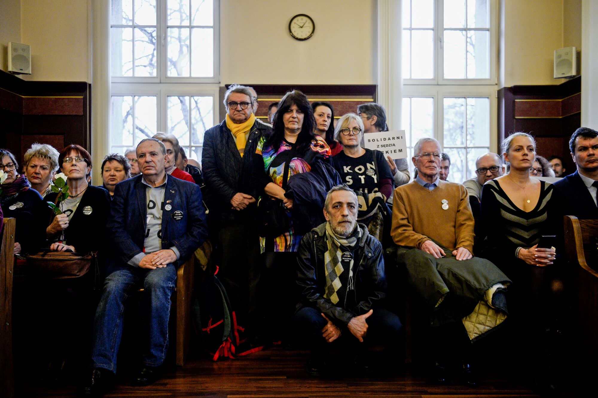 Demonstrators attend a hearing in Katowice, Poland, to support Judge Waldemar Zurek.