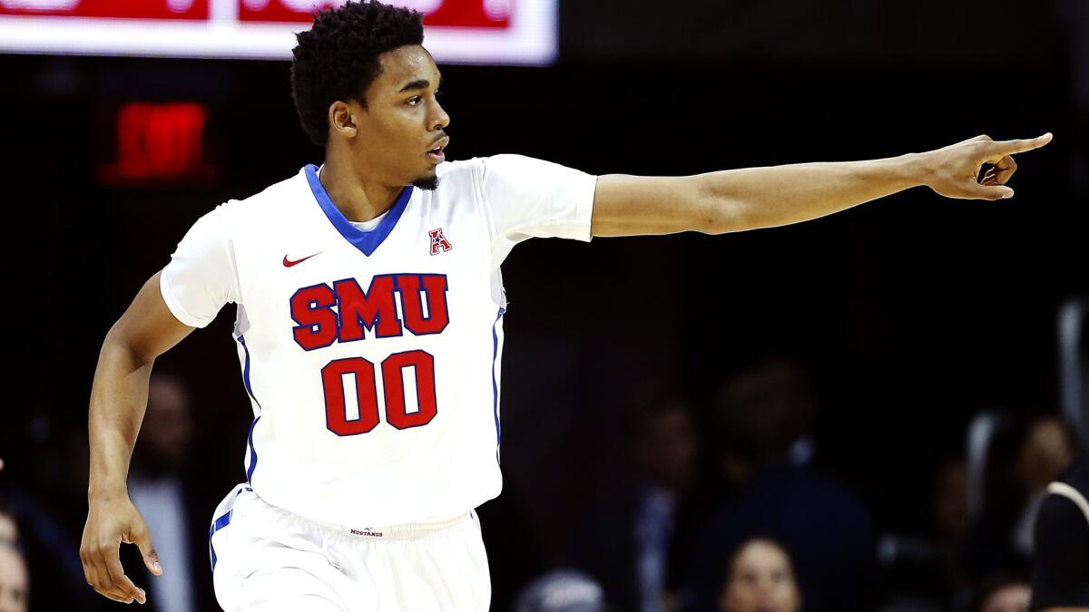 SMU forward Ben Moore (00) celebrates after scoring against Central Florida in the first half Sunday.