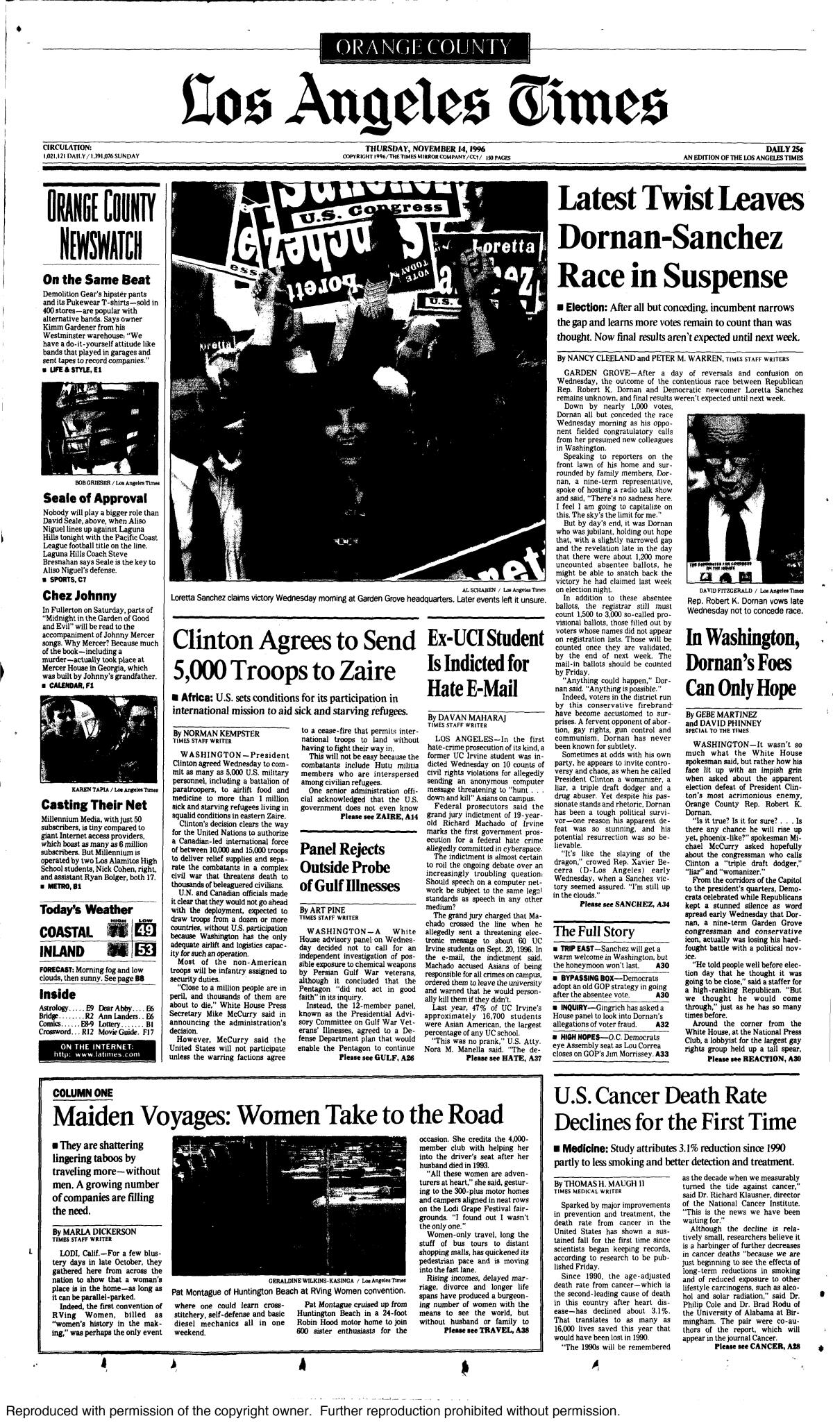 Times coverage of the 1996 race between Bob Dornan and Loretta Sanchez