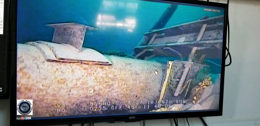 FILE - This photo shot from a television screen provided by the Michigan Department of Environment, Great Lakes, and Energy in June 2020, shows damage to anchor support EP-17-1 on the east leg of the Enbridge Line 5 pipeline within the Straits of Mackinac in Mich. Michigan Gov. Gretchen Whitmer abandoned a lawsuit Tuesday, Nov. 30, 2021, aimed at shutting down an oil pipeline that runs through part of the Great Lakes but said the state would continue pursuing a separate case with the same goal. (Michigan Department of Environment, Great Lakes, and Energy via AP, File)
