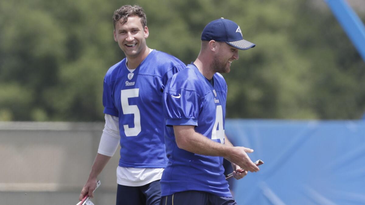 Rams place kickers Greg Zuerlein, right, and Sam Ficken at training camp during the offseason.