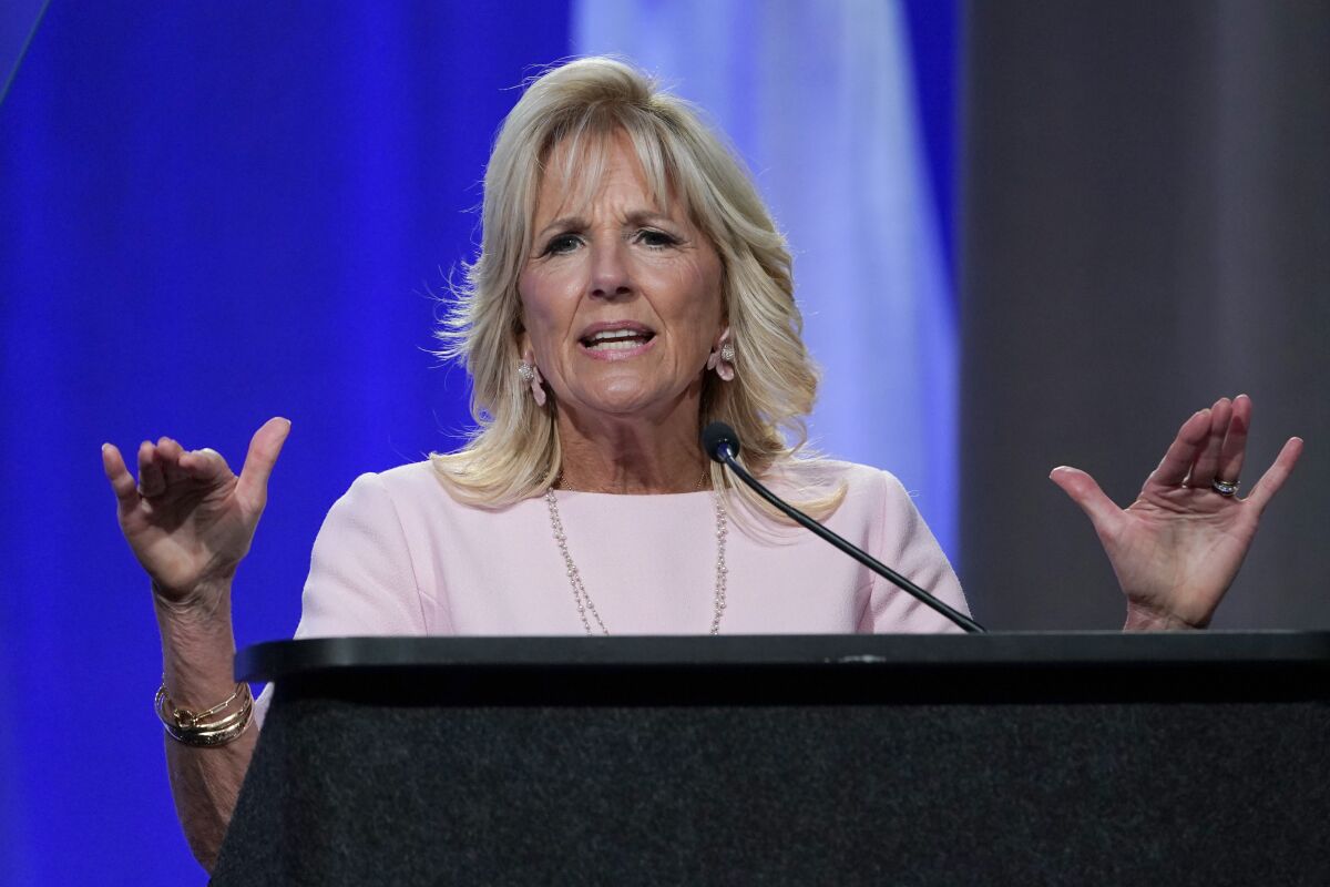 First lady Jill Biden speaks at the 125th Anniversary Convention of the National Parent Teacher Association (PTA) in National Harbor, Md., Friday, June 17, 2022. (AP Photo/Susan Walsh)