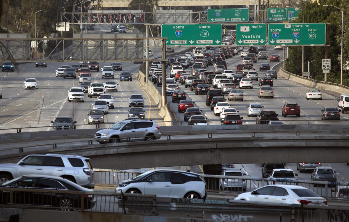 Vehicles clog the freeway in both directions