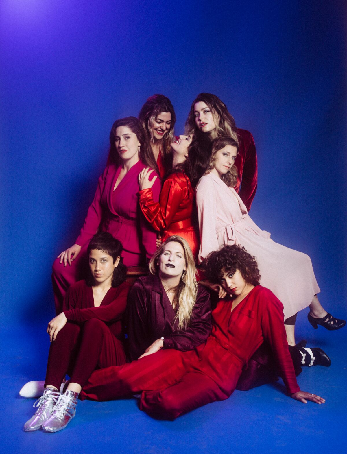 (Clockwise from left) Baby Bushka band members Nancy Ross; Shelbi Bennett; Natasha Kozaily; Leah Bowden; Batya MacAdam-Somer; Dani Bell; Nina Deering; and Lexi Pulido