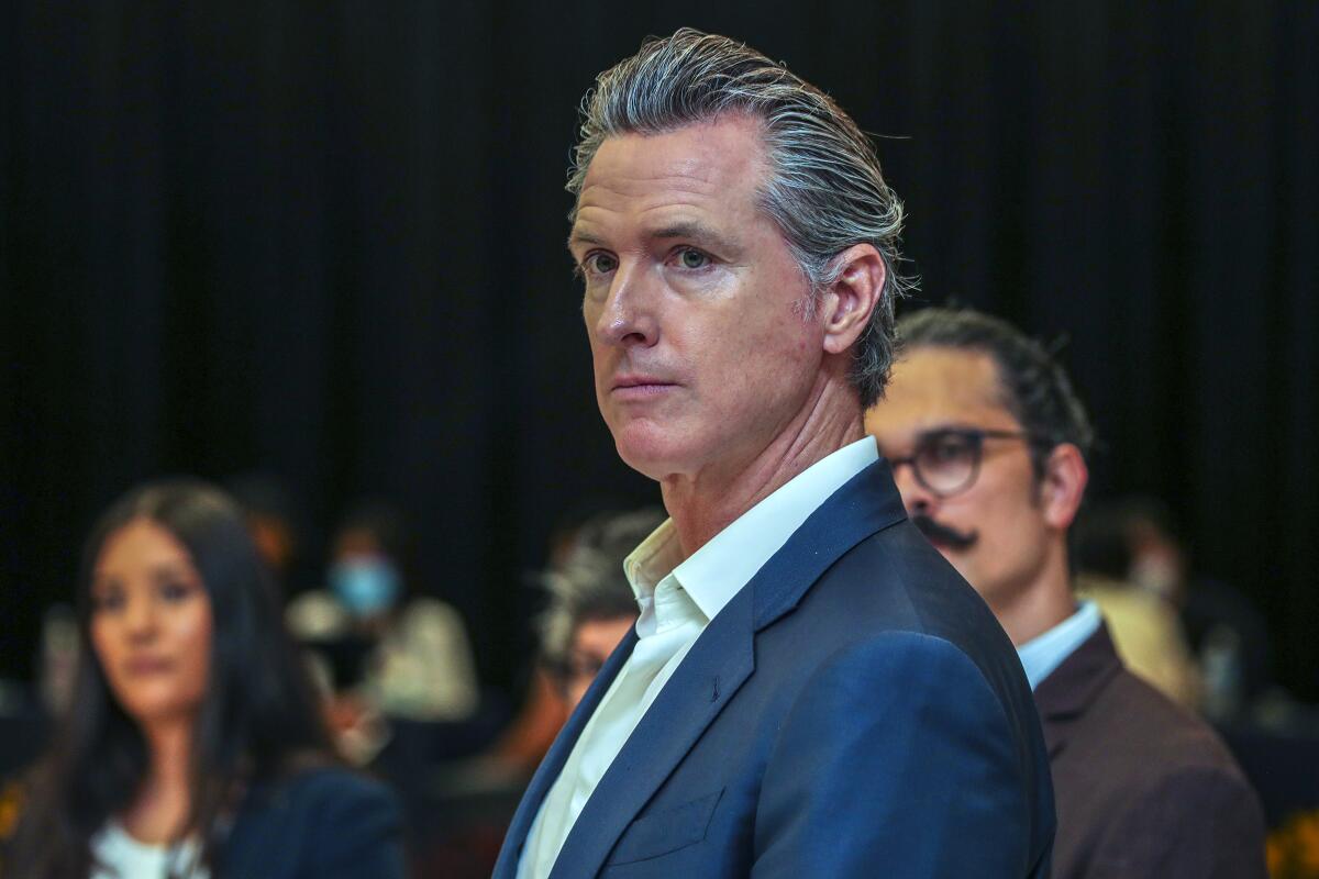 Gov. Gavin Newsom attends press conference held at Ross Hall at Veterans Park in Bell Gardens on July 14