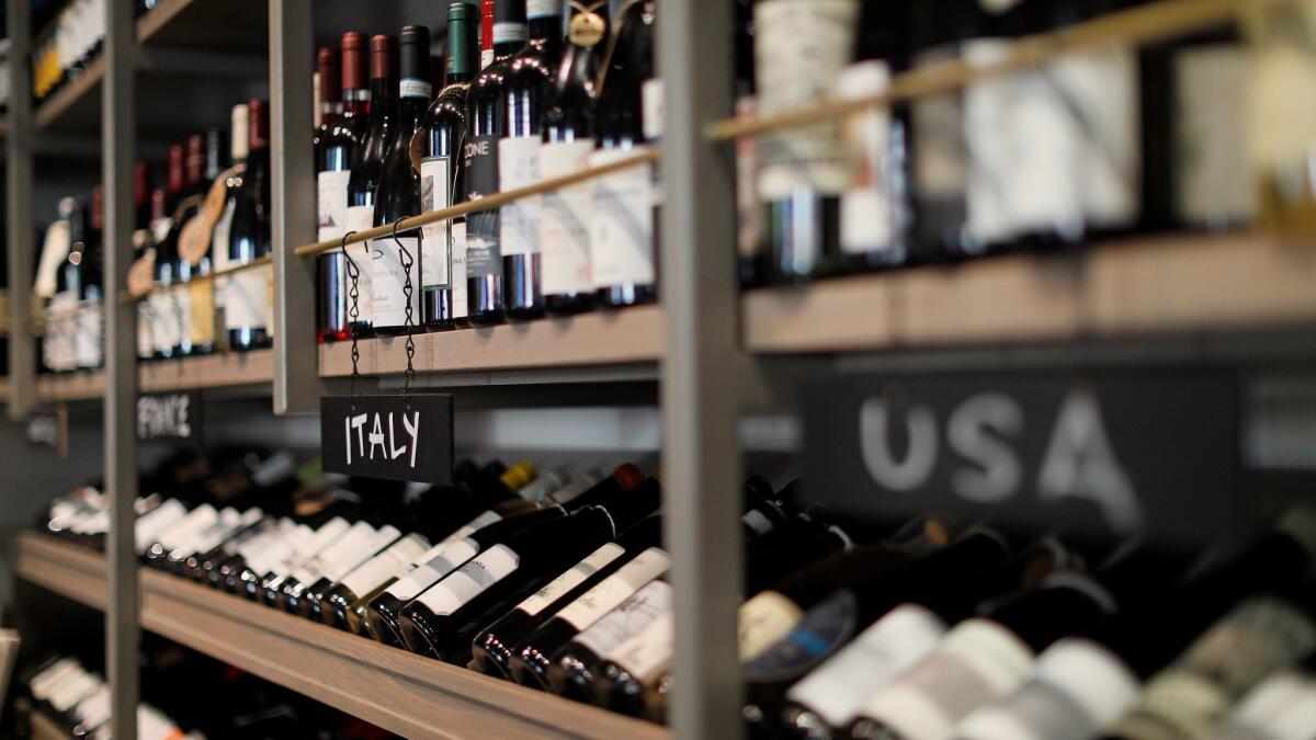 Floor to ceiling of wine from around the world at Esters Wine Shop and Bar in Santa Monica.