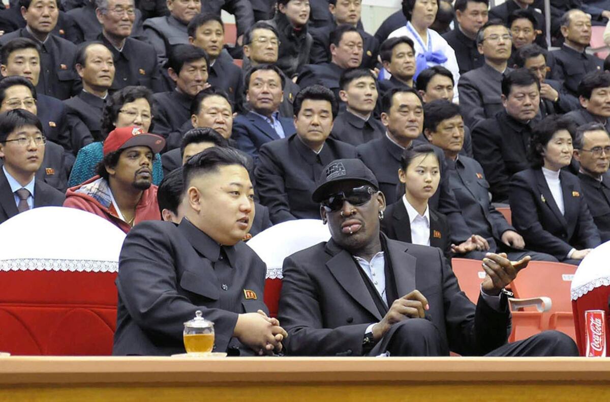 North Korean leader Kim Jong Un, left, and former NBA star Dennis Rodman at a basketball game in Pyongyang in February.