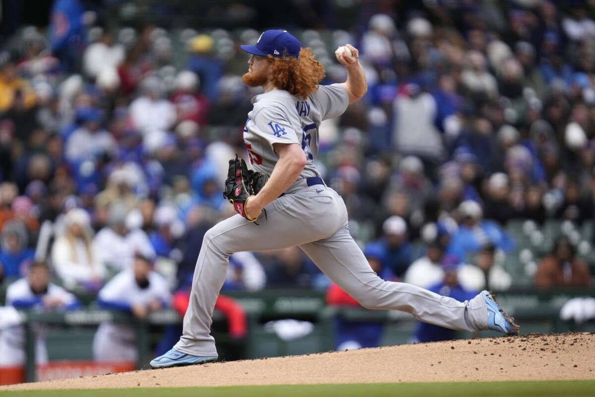 Dodgers starter Dustin May delivers during the first inning April 22, 2023.