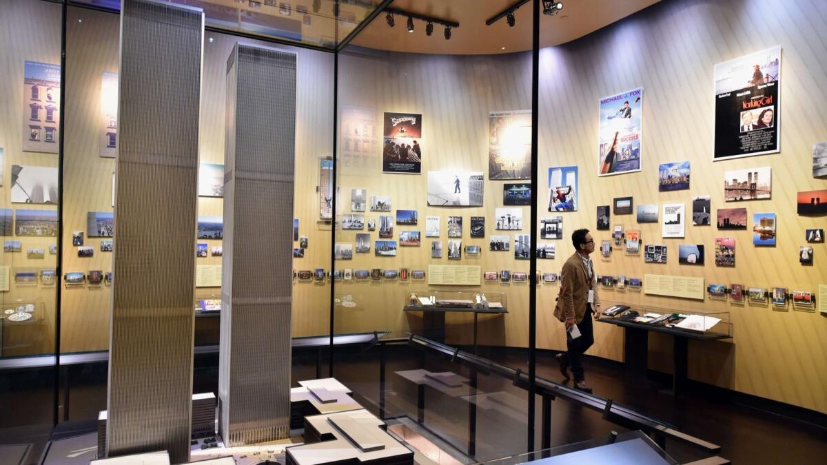 A model of the World Trade Center buildings at the National September 11 Memorial & Museum in New York City.
