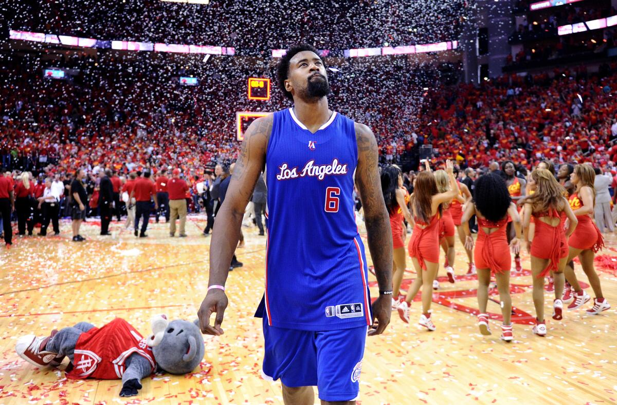 Clippers center DeAndre Jordan leaves the court in Houston after the Rockets won Game 7 of their playoff series on May 17.
