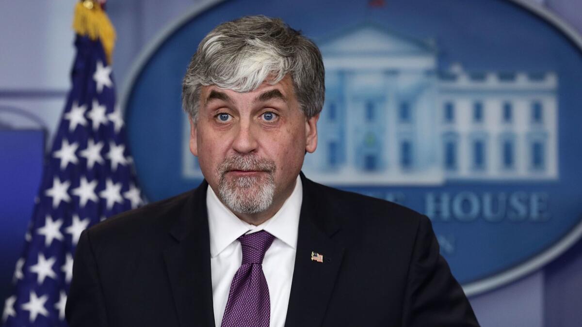 Acting U.S. Health and Human Services Secretary Eric Hargan, shown during a White House news briefing in November, announced a new federal division dedicated to answering complaints from hospitals and doctors that refuse to perform abortions for moral or religious reasons.