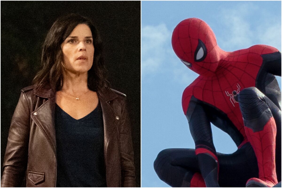 A split image of a woman wearing a brown jacket, left, and Spider-Man crouching