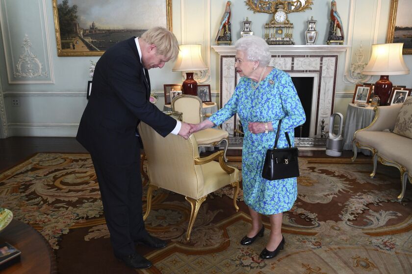 Britainâs Queen Elizabeth II welcomes newly elected leader of the Conservative party Boris Johnson.