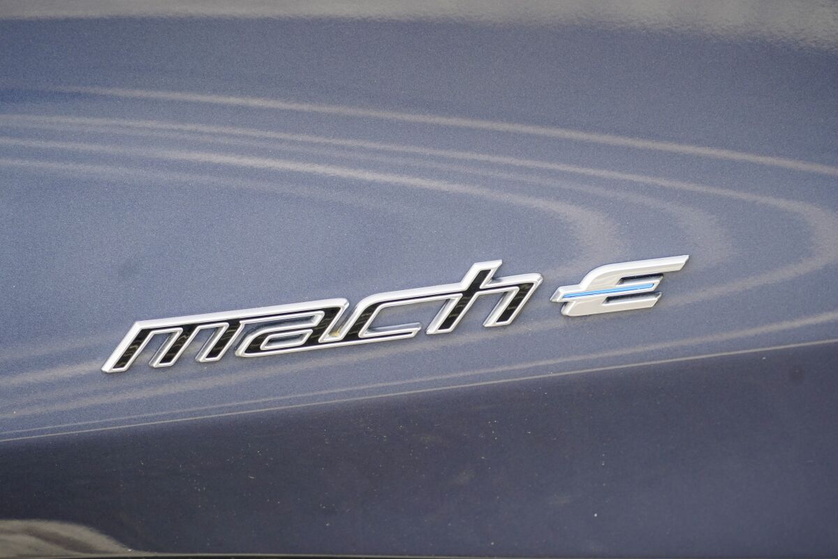The badging logo is seen on a 2021 Ford Mustang Mach E.