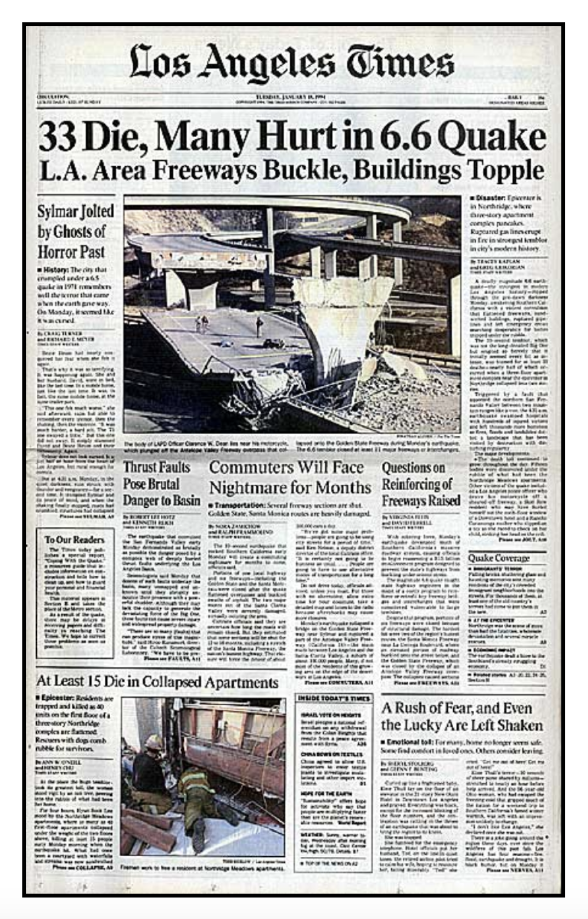 The front page of the Los Angeles Times the day after the 1994 Northridge earthquake.