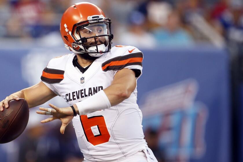 Cleveland Browns quarterback Baker Mayfield (6) in action during a preseason NFL football game against the New York Giants on Thursday, Aug. 9, 2018, in East Rutherford, N.J. (AP Photo/Adam Hunger)