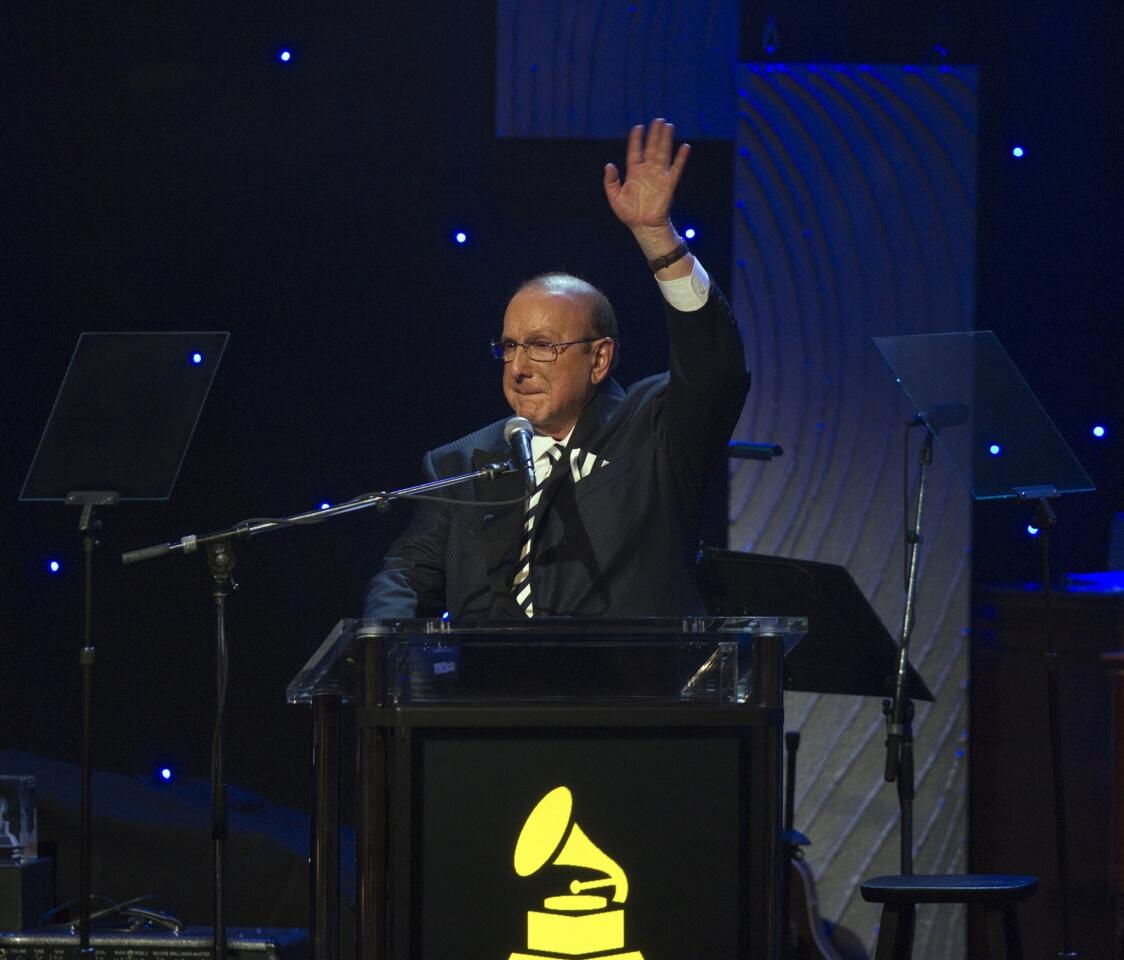 Clive Davis speaks to the crowd during the 2014 Pre-Grammy Gala at the Beverly Hilton.