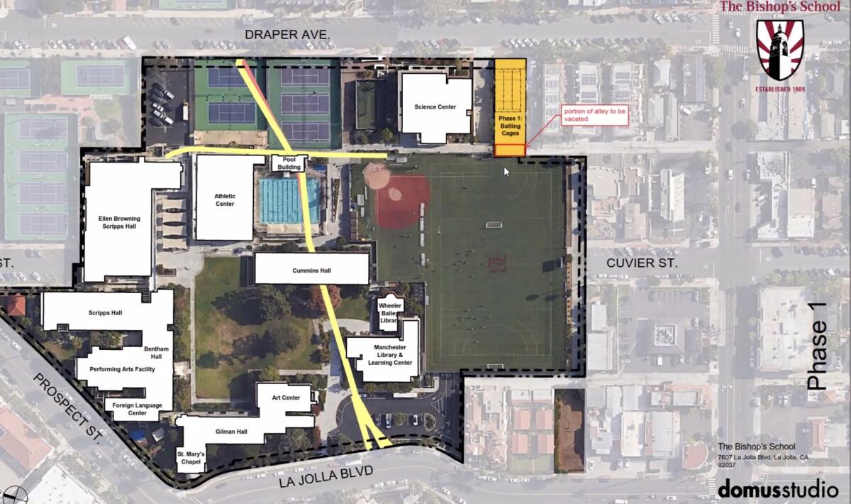 The yellow box illustrates the first phase of proposed additions to The Bishop's School in La Jolla;