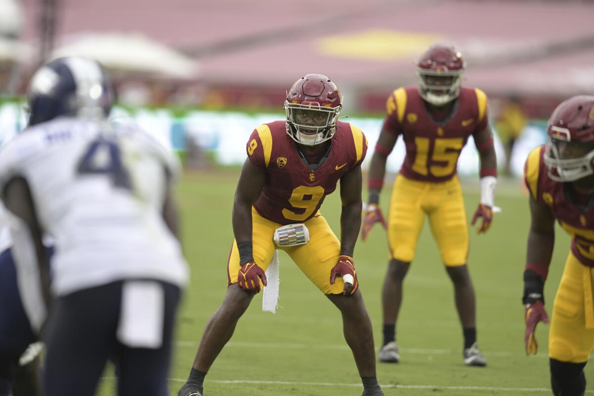 USC linebacker Raesjon Davis lines up against Nevada on Sept. 2.