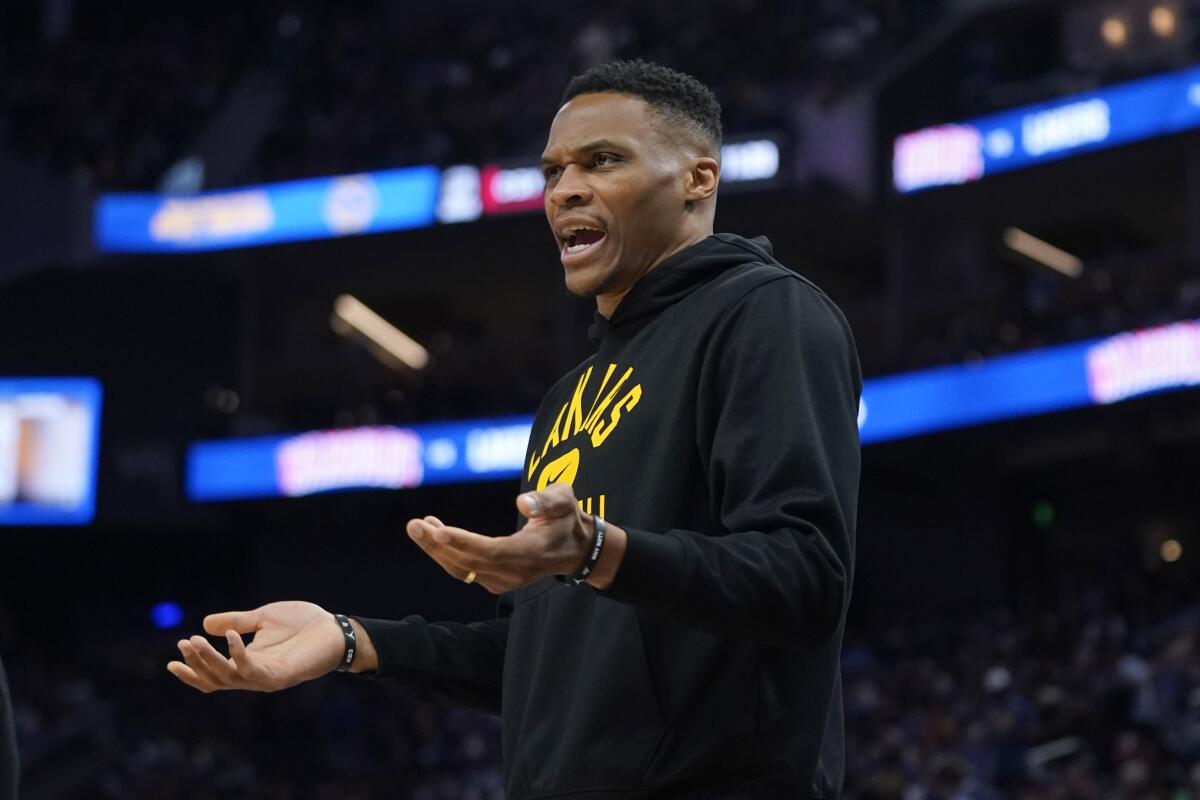 Lakers guard Russell Westbrook gestures to officials during a game against the Golden State Warriors in April.