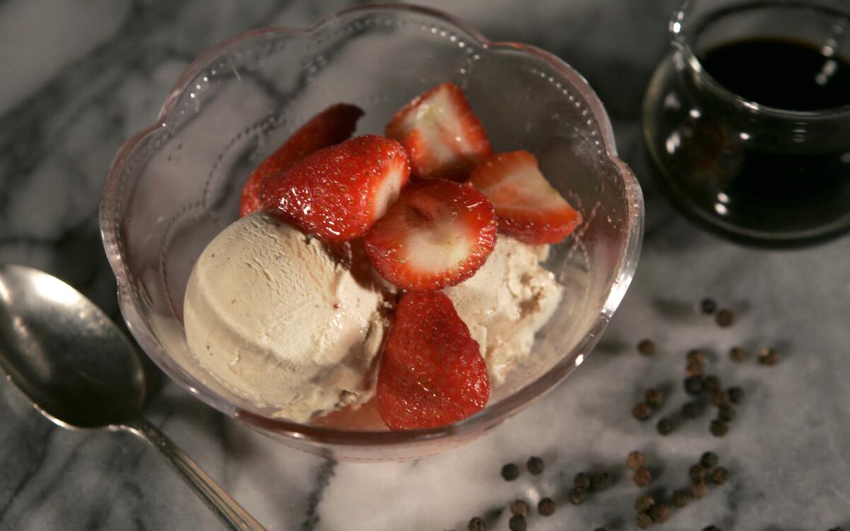 Peppered balsamic ice cream with fresh strawberries