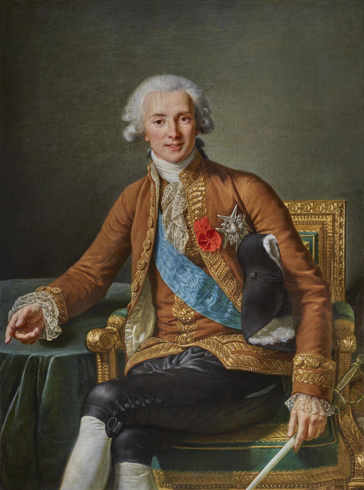 An oil portrait of a gray haired man in 18th century clothing.