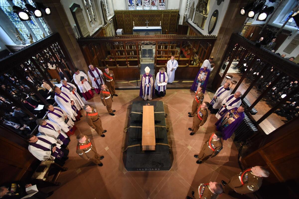 A handout picture released by Leicester Cathedral Quarter Partnership Board shows the coffin of King Richard III in the tomb area during the reinterment ceremony in Leicester Cathedral on March 26.