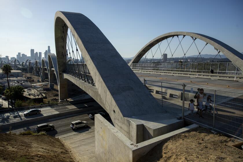 Los Angeles, CA - July 27: The new 6th Street Bridge has been closed intermittently since opening due to street racing and other illegal activity on Wednesday, July 27, 2022 in Los Angeles, CA. (Brian van der Brug / Los Angeles Times)