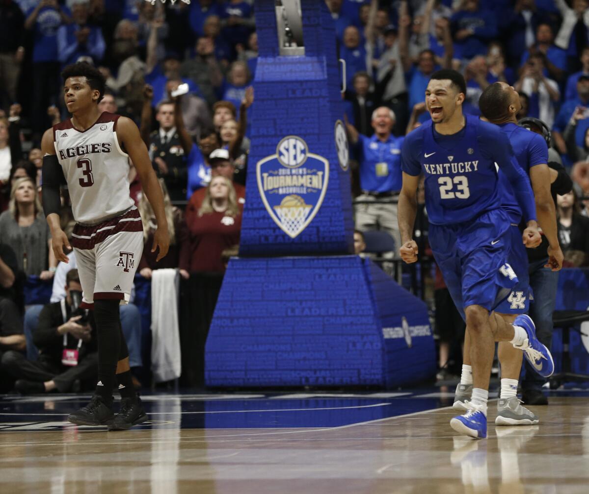 Kentucky guard Jamal Murray (23) celebrates an 82-77 victory over Texas A&M in the Southeastern Conference championship game on March 13.