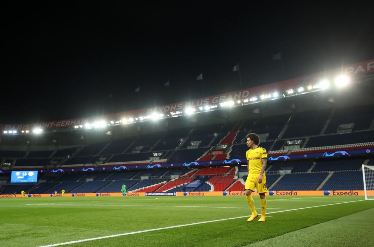 An empty soccer stadium in Paris. France's season has been canceled.