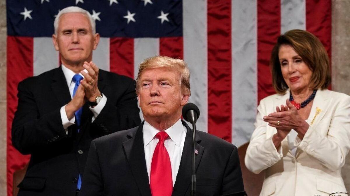 President Trump delivers his State of the Union address, flanked by Vice President Mike Pence and House Speaker Nancy Pelosi, on Feb. 5.