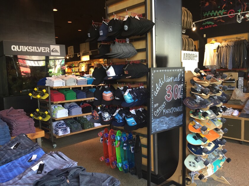 Merchandise on display at the Quiksilver store in Downtown Disney in Anaheim on Wednesday.