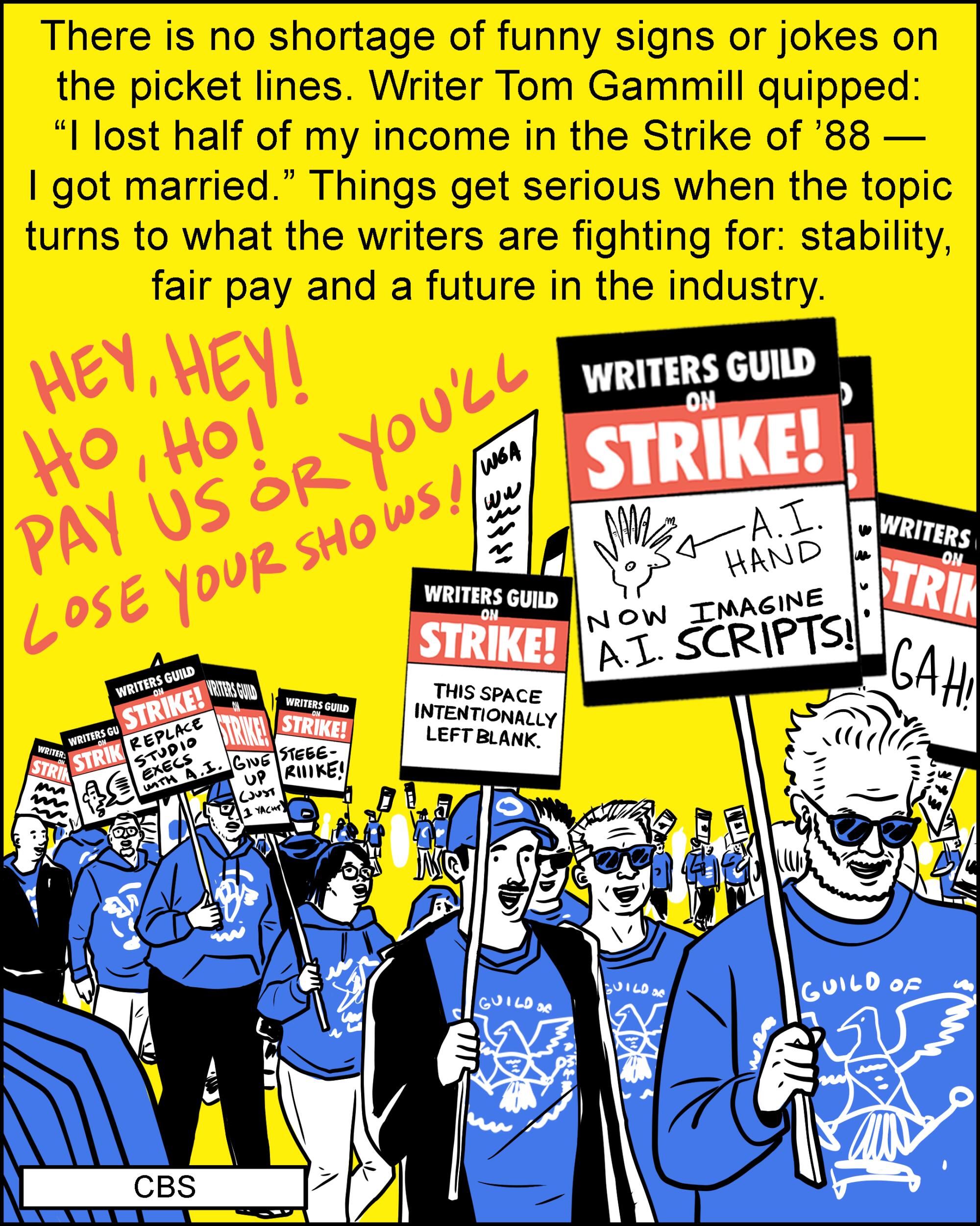 There's no shortage of funny picket signs, but things get serious on topics like fair pay and a future in the industry.