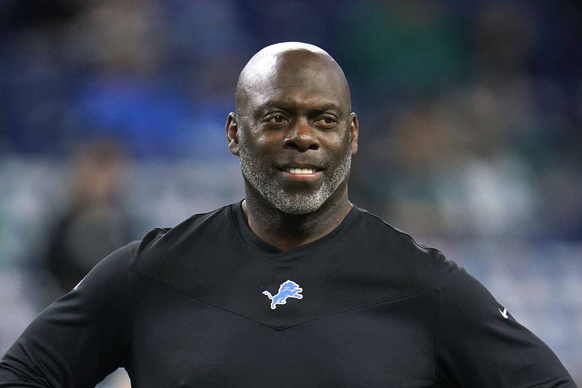 Anthony Lynn, as Detroit offensive coordinator, looks on during warmups before a game against Philadelphia on Oct. 31, 2021.