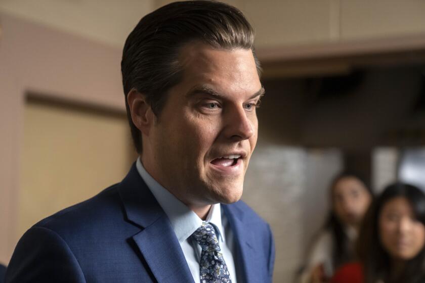 Rep. Matt Gaetz, R-Fla., speaks to reporters after leaving a meeting on the morning after he filed a motion to strip Speaker of the House Kevin McCarthy, R-Calif., from his leadership role, at the Capitol in Washington, Tuesday, Oct. 3, 2023. (AP Photo/Mark Schiefelbein)