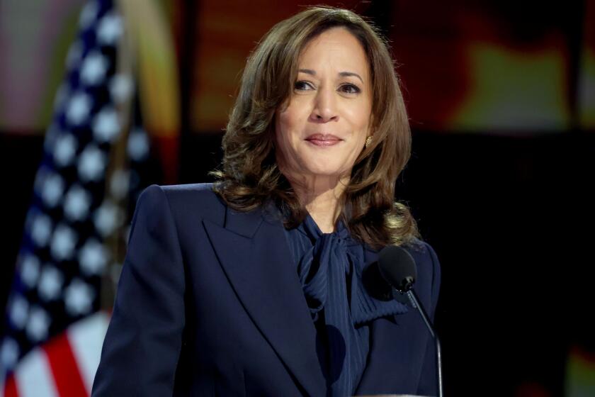 CHICAGO, IL AUGUST 22, 2024 - Democratic presidential nominee Vice President Kamala Harris speaks during the Democratic National Convention Thursday, Aug. 22, 2024, in Chicago, IL. (Robert Gauthier/Los Angeles Times)