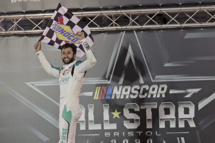 FILE - In this July 15, 2020, file photo, Chase Elliott celebrates after winning the NASCAR All-Star auto race at Bristol Motor Speedway in Bristol, Tenn. Texas is the third track in three years to hold NASCAR's All-Star race. Elliott won last summer at Bristol, where the annual non-points exhibition was moved from Charlotte because of COVID-19 restrictions. (AP Photo/Mark Humphrey, File)