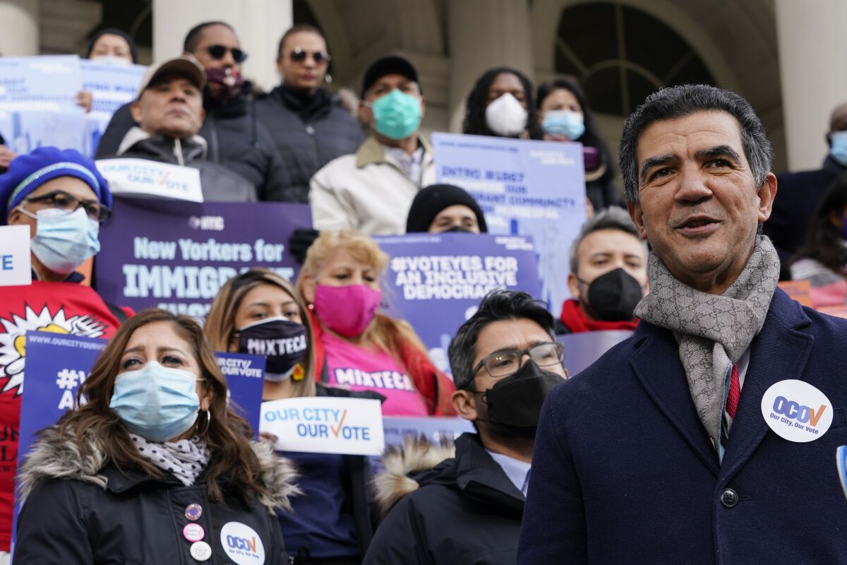 New York City Council Member Ydanis Rodriguez speaks during a rally on the steps of City Hall.