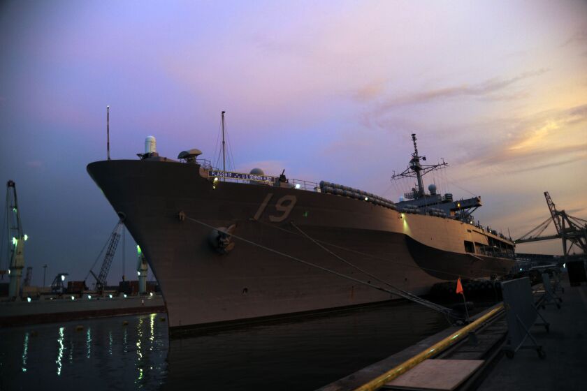 The USS Blue Ridge, flagship of the 7th Fleet, is pictured during a port visit in Jakarta, Indonesia, in April 2010. MUST CREDIT: U.S. Navy