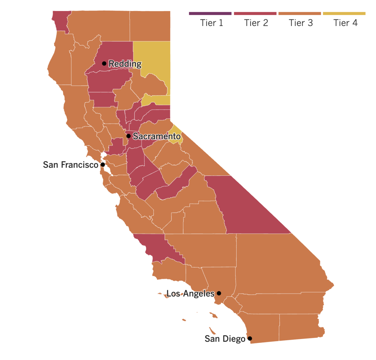 California reopening map showing 3 counties in the yellow tier, 38 orange and 17 red. Five have moved from red to orange.