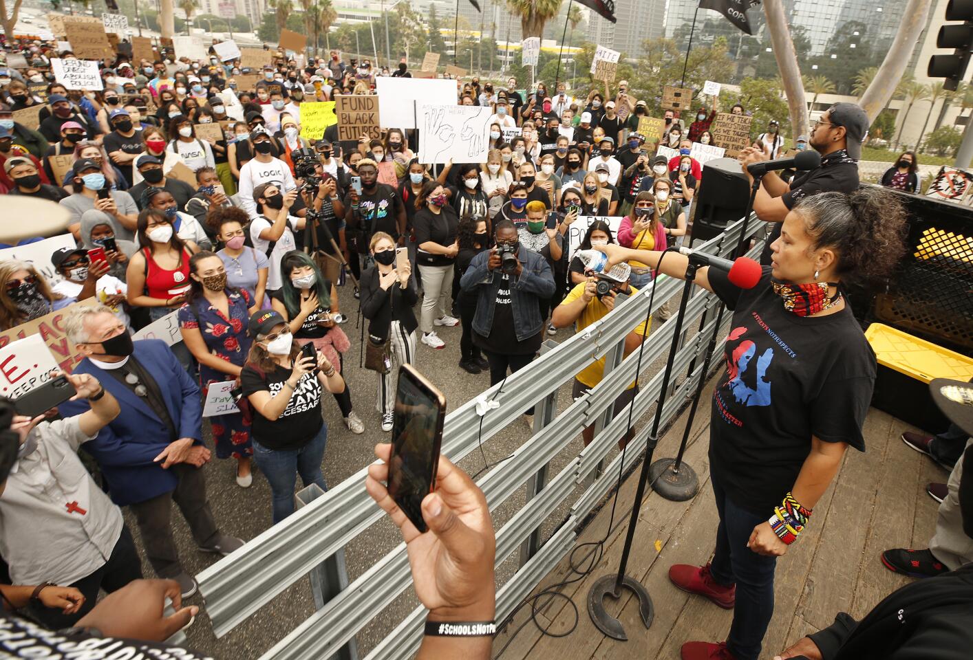 Melina Abdullah, co-founder of Black Lives Matter L.A., speaks to supporters.
