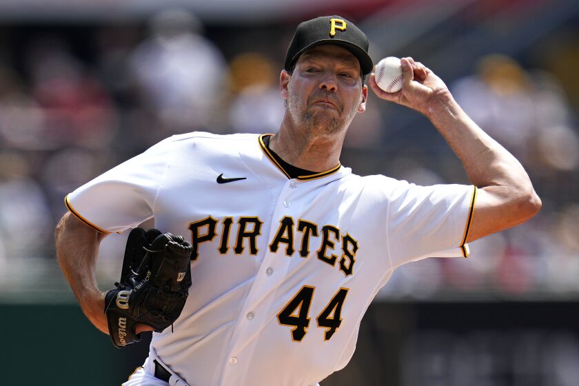 Pittsburgh Pirates starting pitcher Rich Hill delivers during the first inning of a baseball game against the St. Louis Cardinals in Pittsburgh, Sunday, June 4, 2023. (AP Photo/Gene J. Puskar)